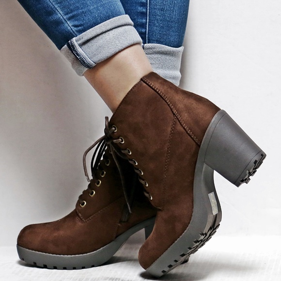 New Brown Lace Up Platform Chunky Heel Combat Ankle Boots - Picture 5 of 5